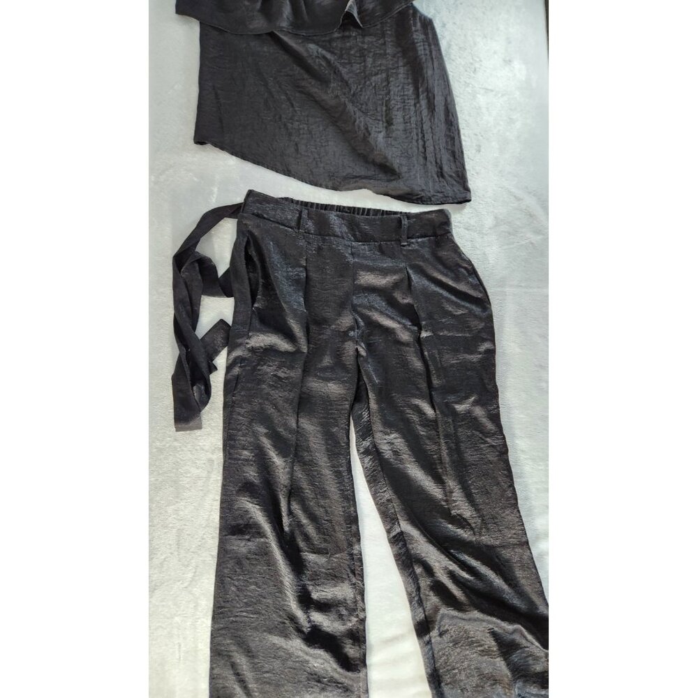 Women's Black Silk Two Piece One Shoulder Pant Set - Size M